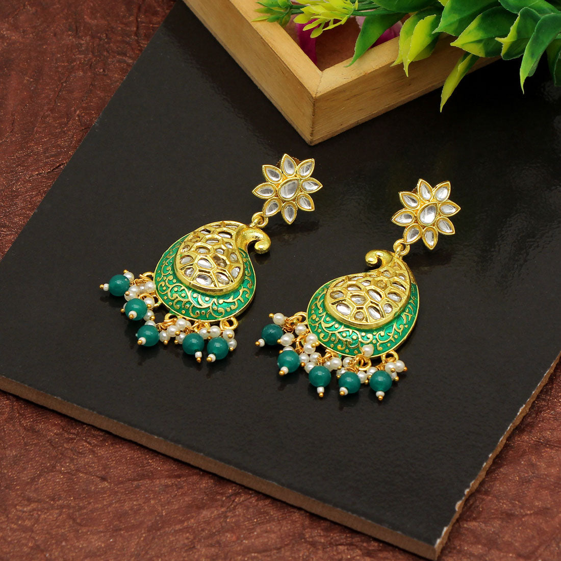Green Color Meenakari Earrings Jewellery GetGlit