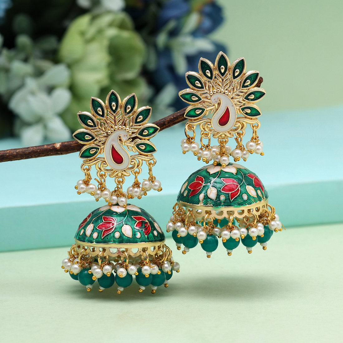 Green Color Meenakari Earrings (MKE1981GRN) Jewellery GetGlit   