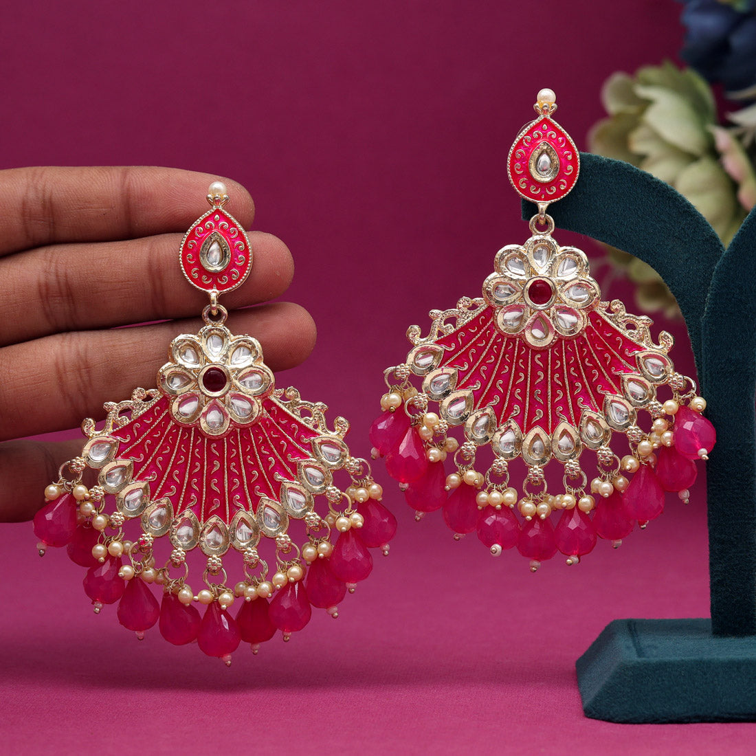 Rani Color Kundan Meenakari Earrings (MKE1996RNI) Jewellery GetGlit