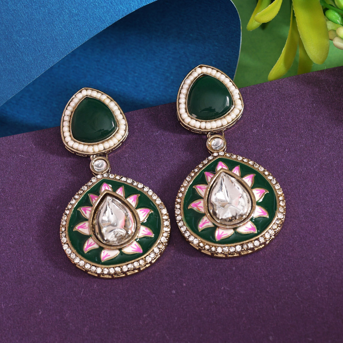 Green Color Meenakari Earrings (MKE2004GRN)