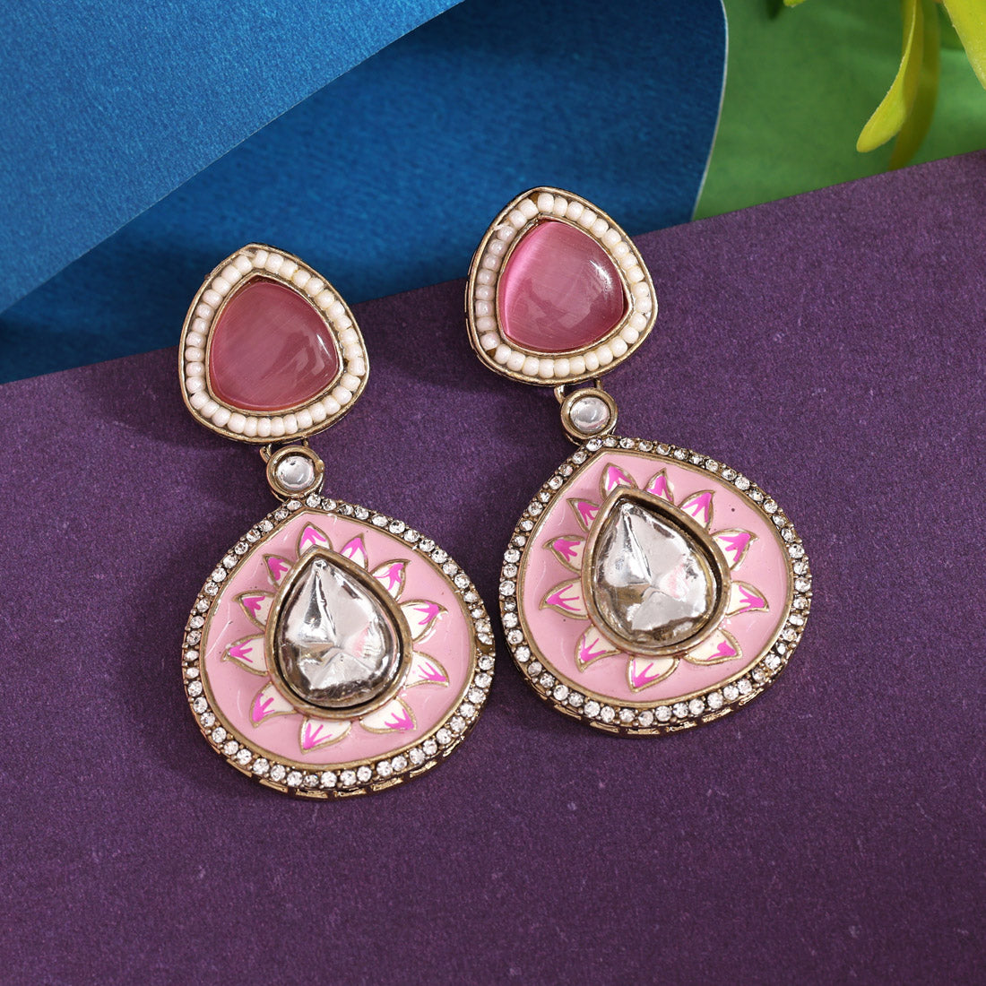 Pink Color Meenakari Earrings (MKE2004PNK)