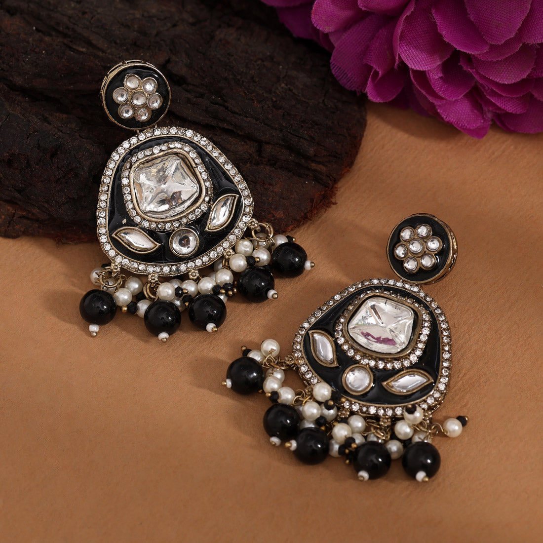 Black Color Kundan Meenakari Earrings (MKE2005BLK)