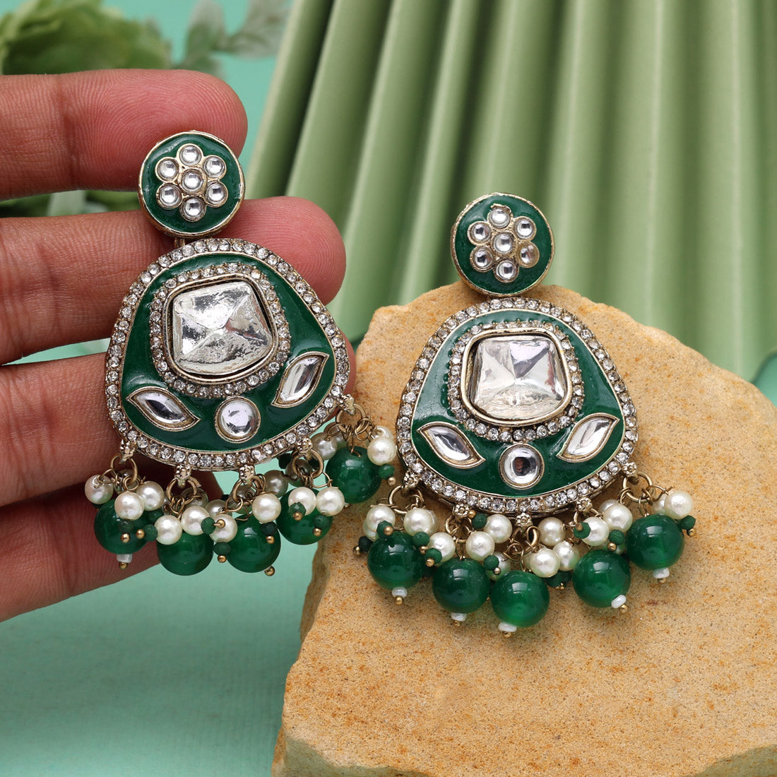 Green Color Kundan Meenakari Earrings (MKE2005GRN)