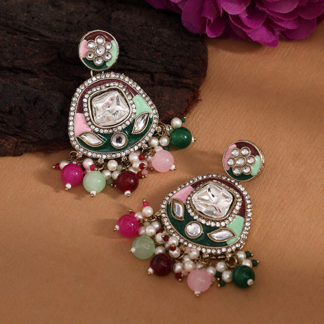 Multi Color Kundan Meenakari Earrings (MKE2005MLT) Jewellery GetGlit