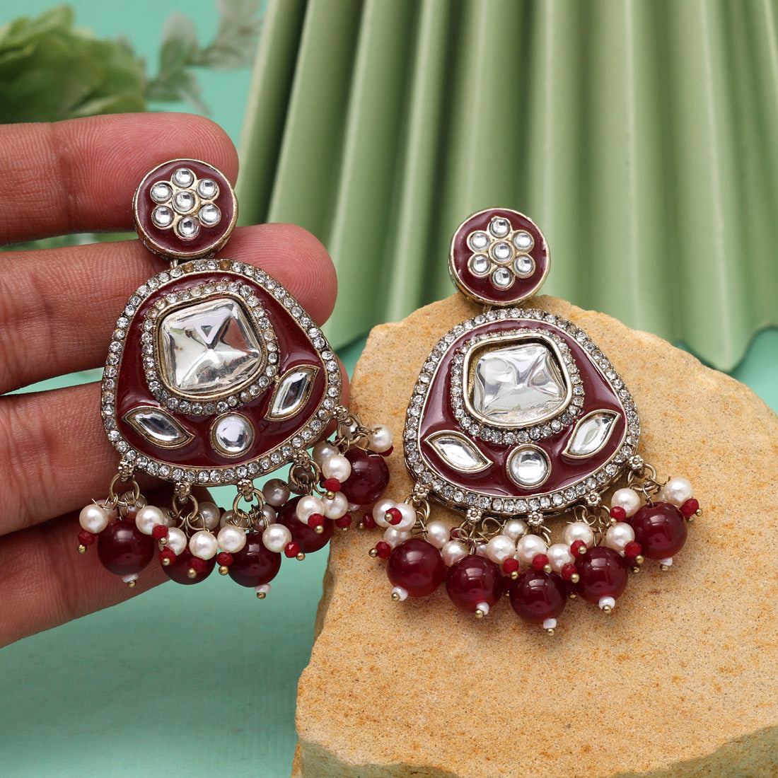 Maroon Color Kundan Meenakari Earrings (MKE2005MRN) Jewellery GetGlit