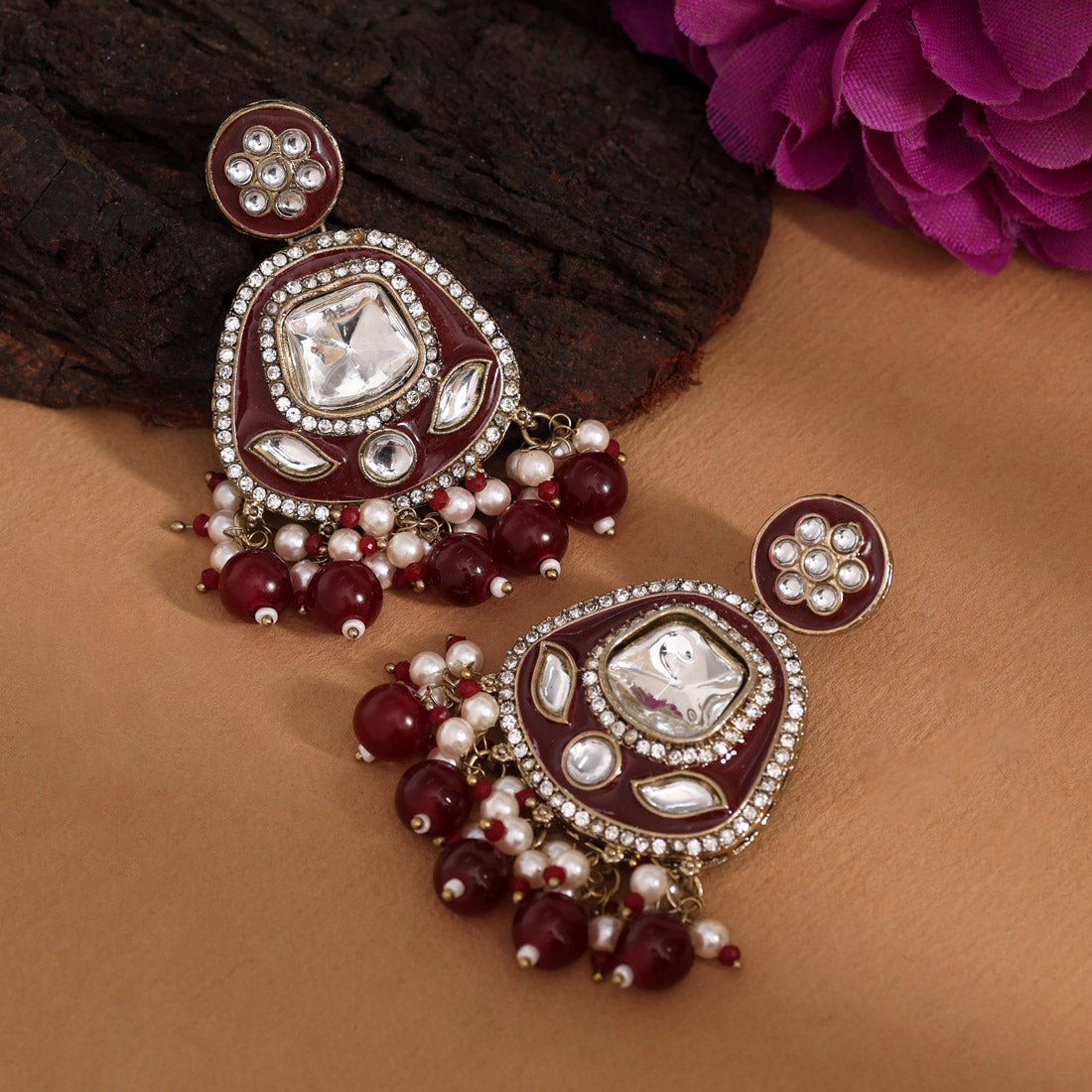 Maroon Color Kundan Meenakari Earrings (MKE2005MRN)