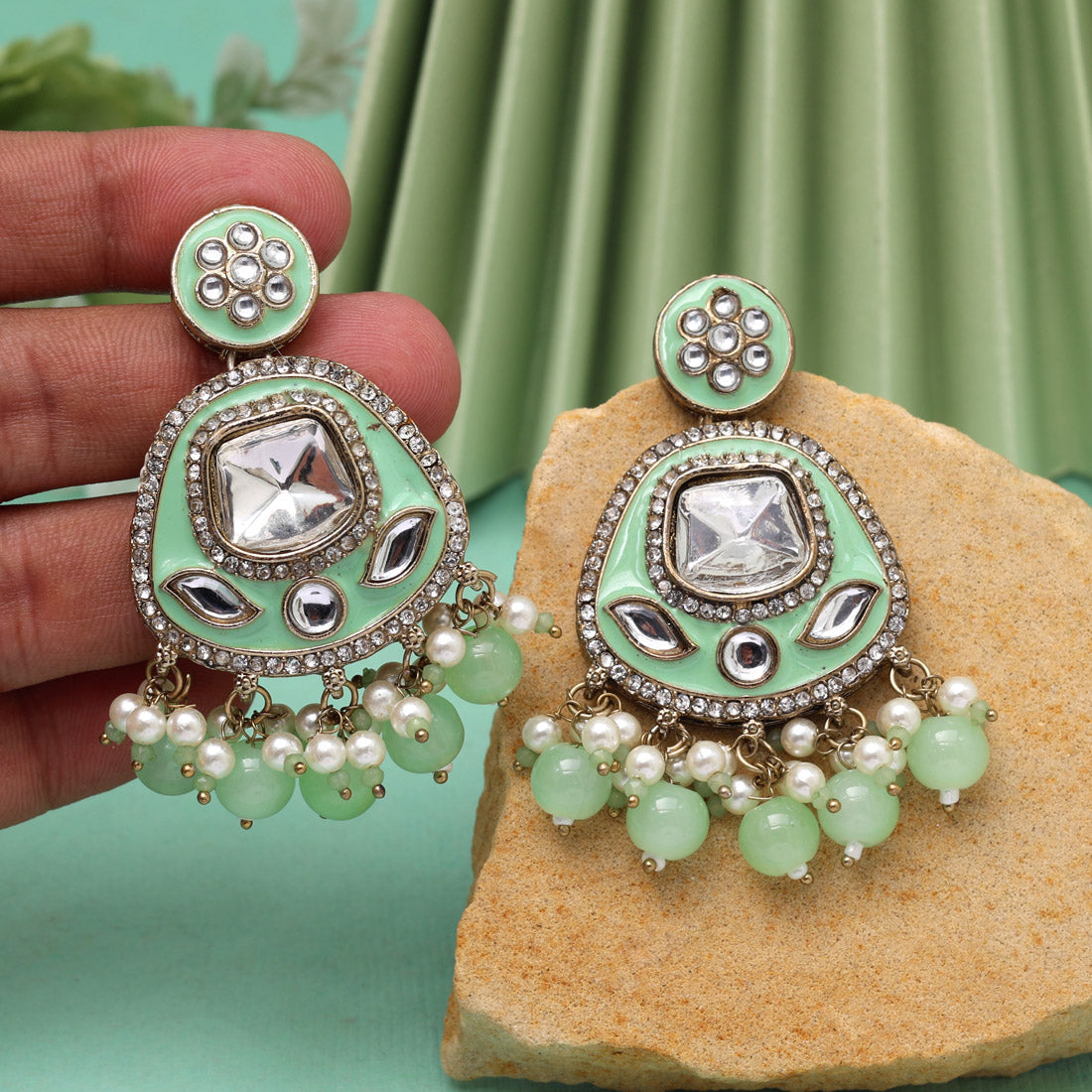 Pista Green Color Kundan Meenakari Earrings (MKE2005PGRN) Jewellery GetGlit