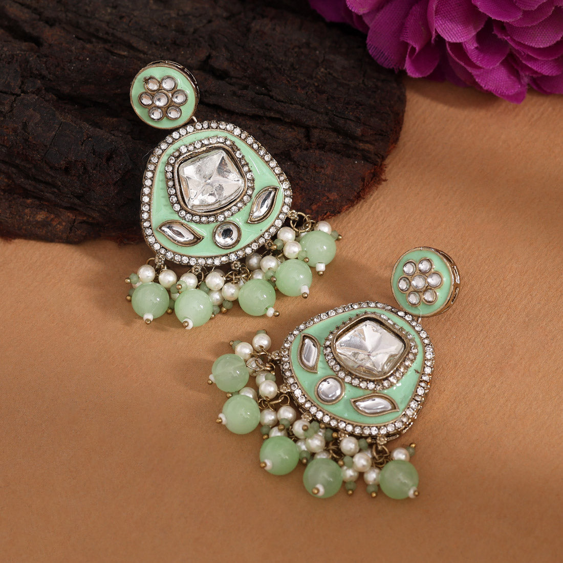 Pista Green Color Kundan Meenakari Earrings (MKE2005PGRN) Jewellery GetGlit