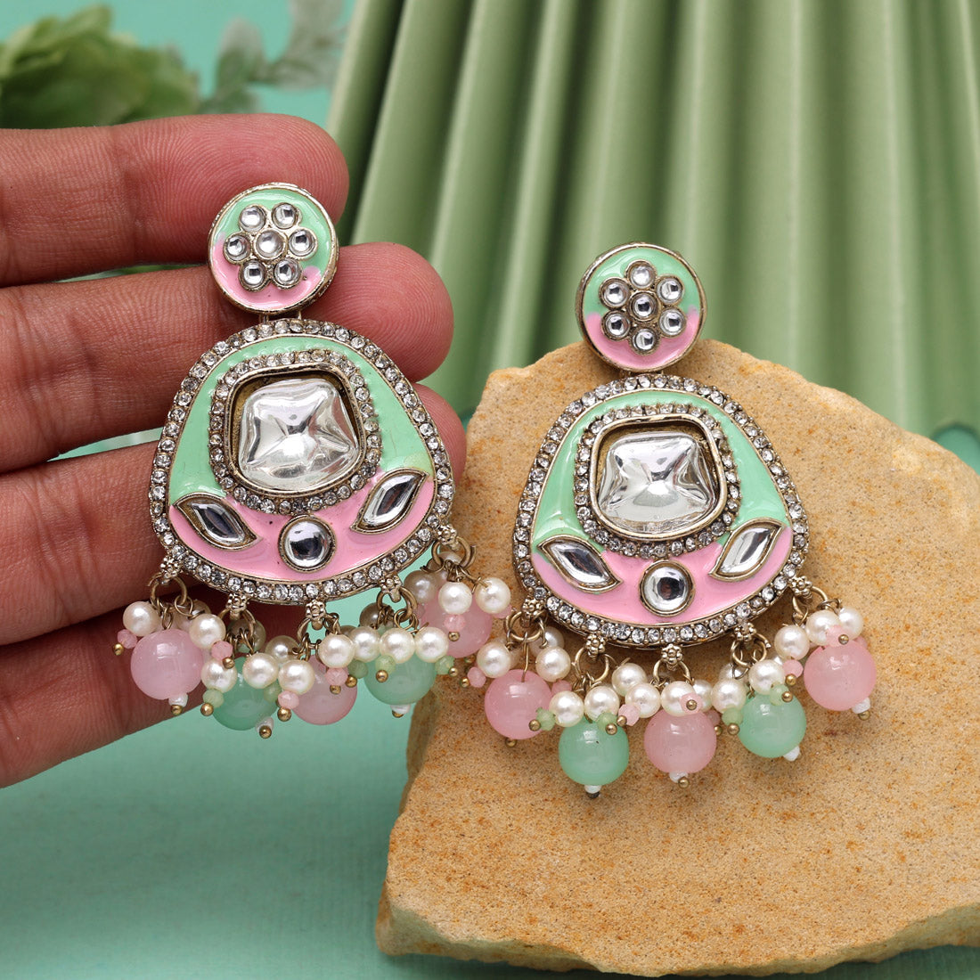 Pink & Pista Green Color Kundan Meenakari Earrings (MKE2005PNKPGRN) Jewellery GetGlit