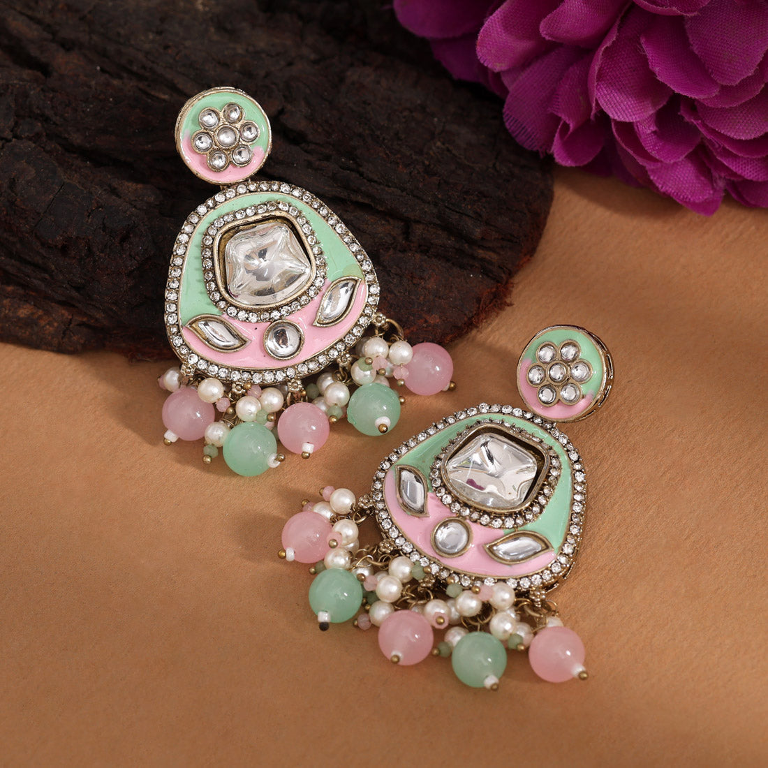 Green Color Kundan Meenakari Earrings (MKE2005GRN) Jewellery GetGlit