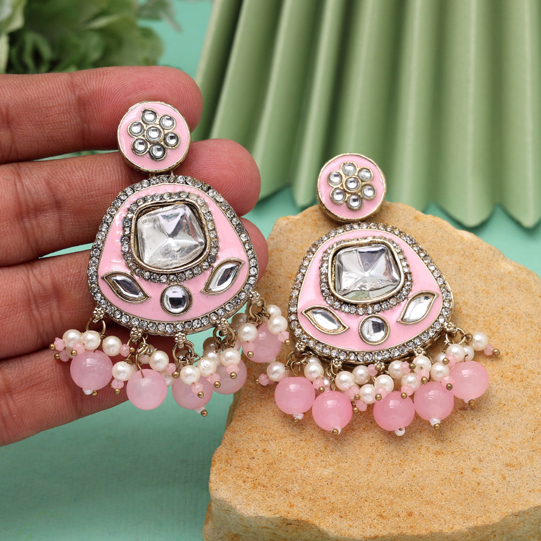 Pink Color Kundan Meenakari Earrings (MKE2005PNK) Jewellery GetGlit