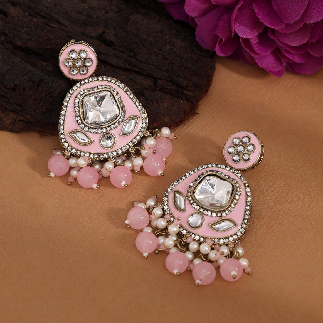 Pink Color Kundan Meenakari Earrings (MKE2005PNK) Jewellery GetGlit