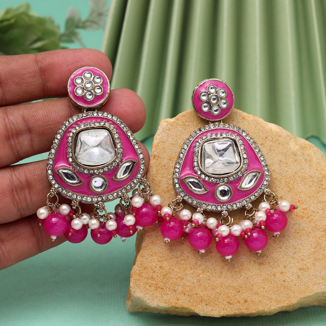 Rani Color Kundan Meenakari Earrings (MKE2005RNI) Jewellery GetGlit