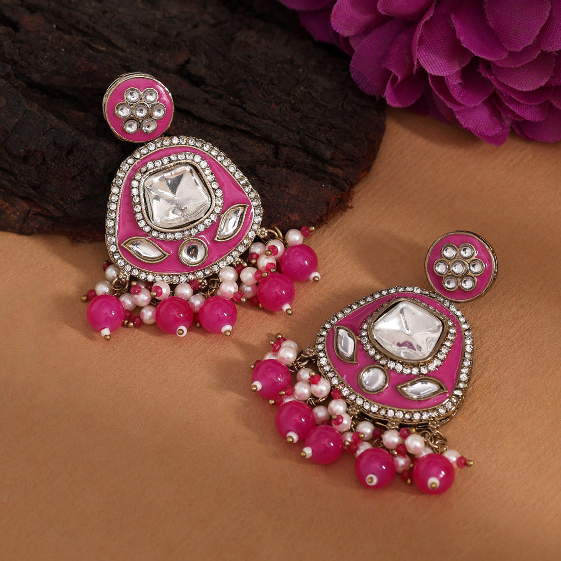 Rani Color Kundan Meenakari Earrings (MKE2005RNI) Jewellery GetGlit