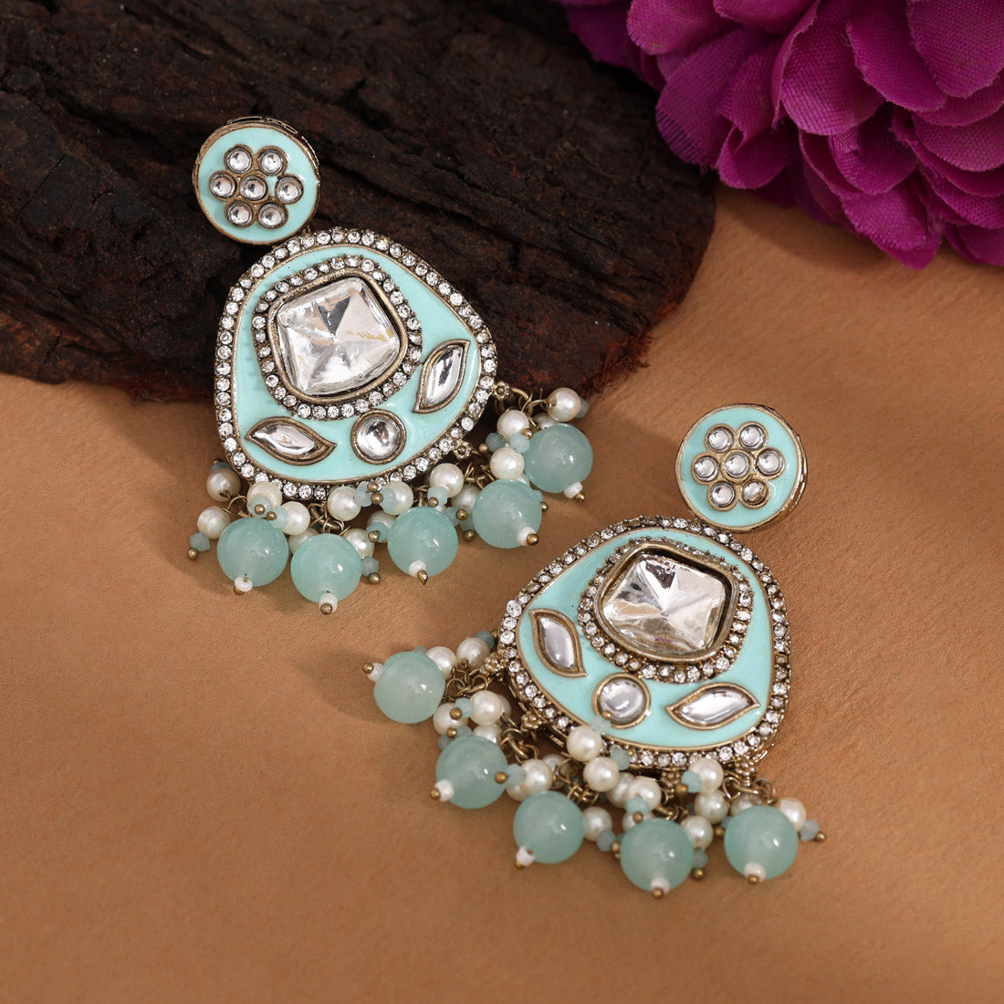 Sky Blue Color Kundan Meenakari Earrings (MKE2005SBLU) Jewellery GetGlit