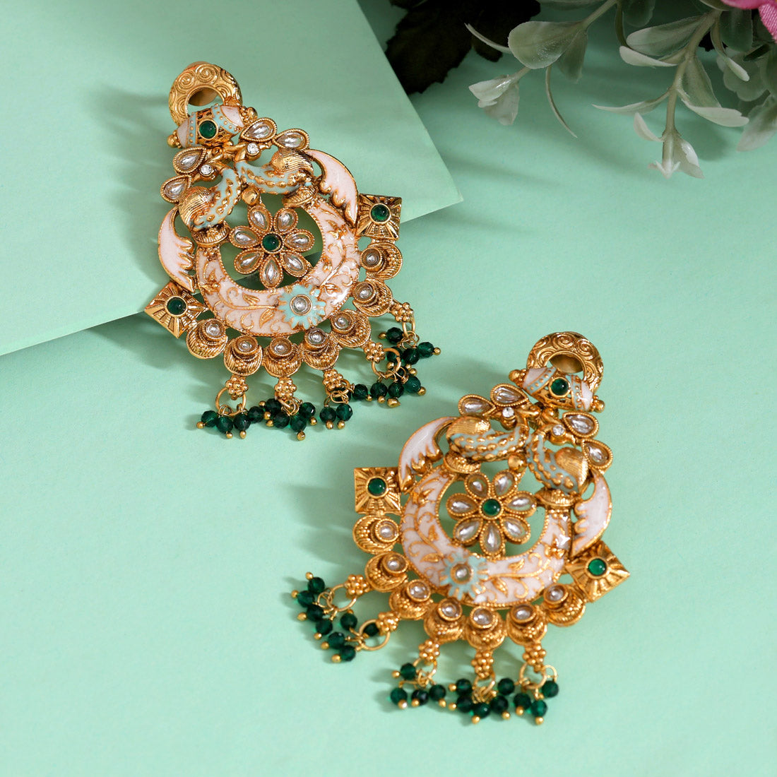 Green Color Kundan Meenakari Earrings (MKE2006GRN) Jewellery GetGlit