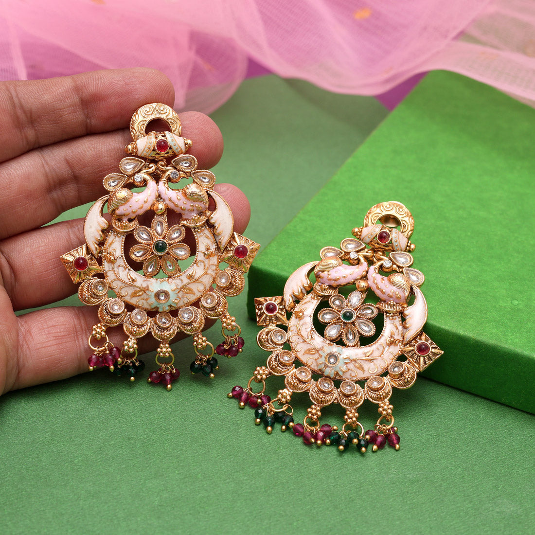 Rani & Green Color Kundan Meenakari Earrings (MKE2006RNIGRN) Jewellery GetGlit