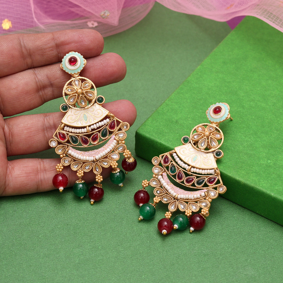 Maroon & Green Color Kundan Meenakari Earrings (MKE2007MG) Jewellery GetGlit