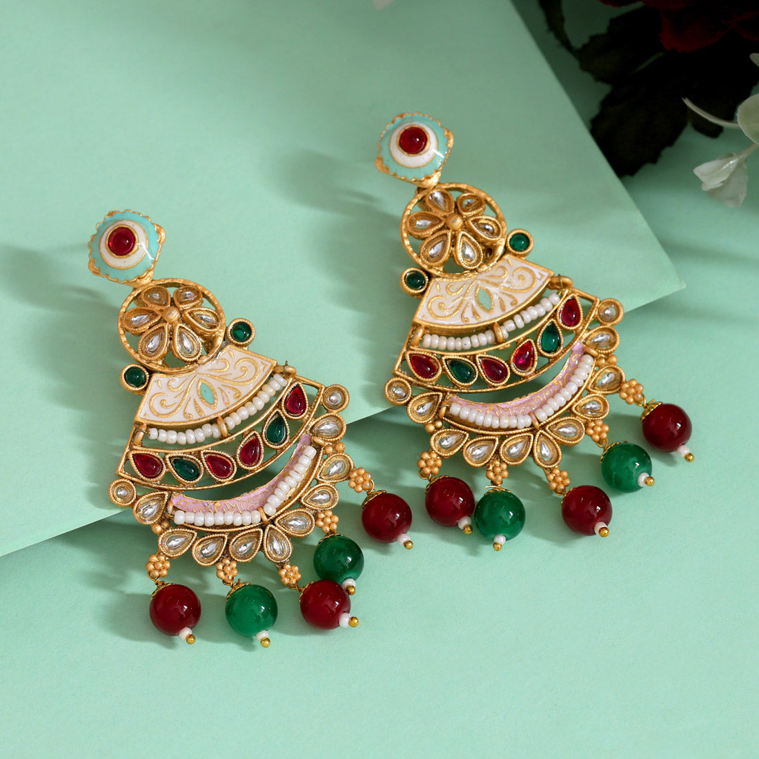 Maroon & Green Color Kundan Meenakari Earrings (MKE2007MG) Jewellery GetGlit