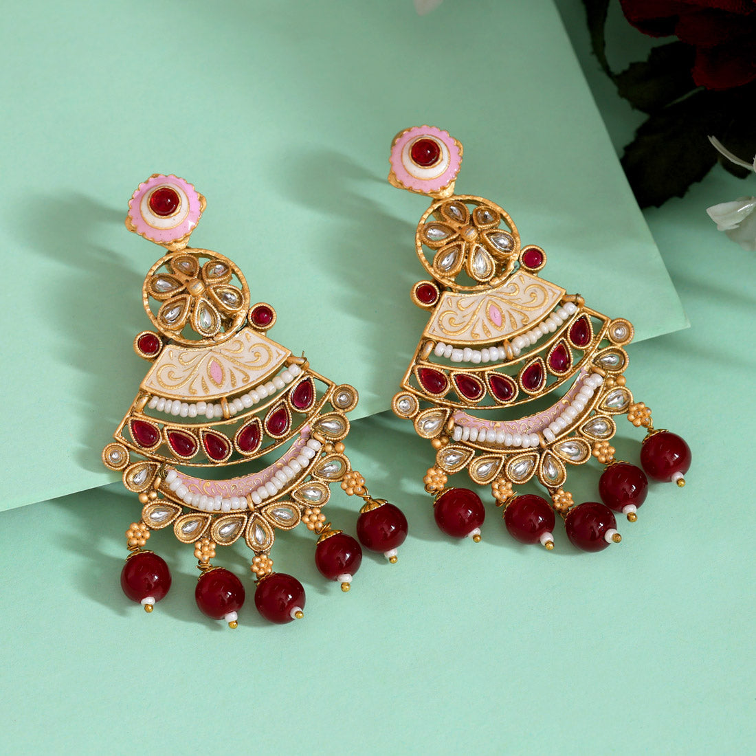 Maroon Color Kundan Meenakari Earrings (MKE2007MRN) Jewellery GetGlit