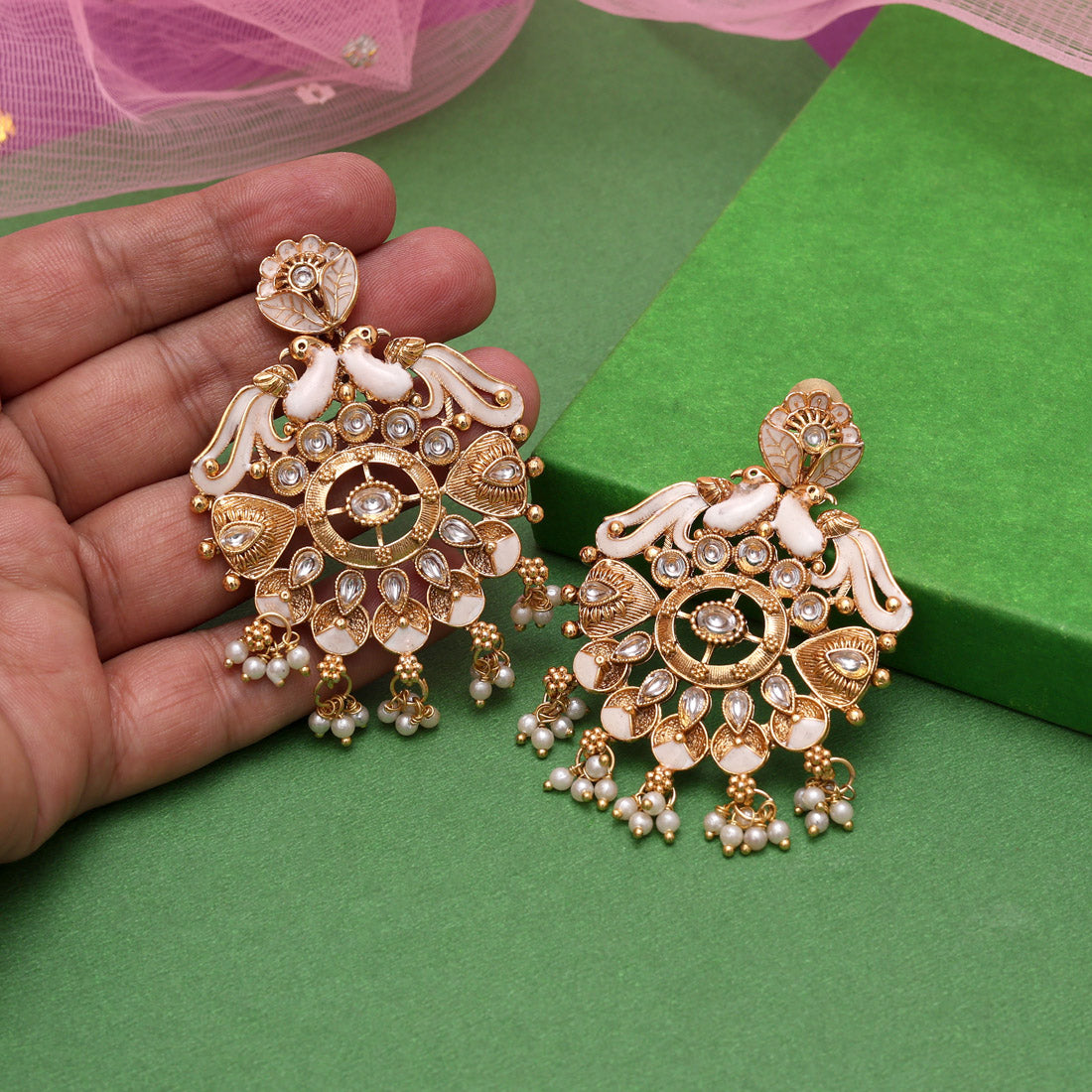 Gold Color Kundan Meenakari Earrings (MKE2008GLD) Jewellery GetGlit
