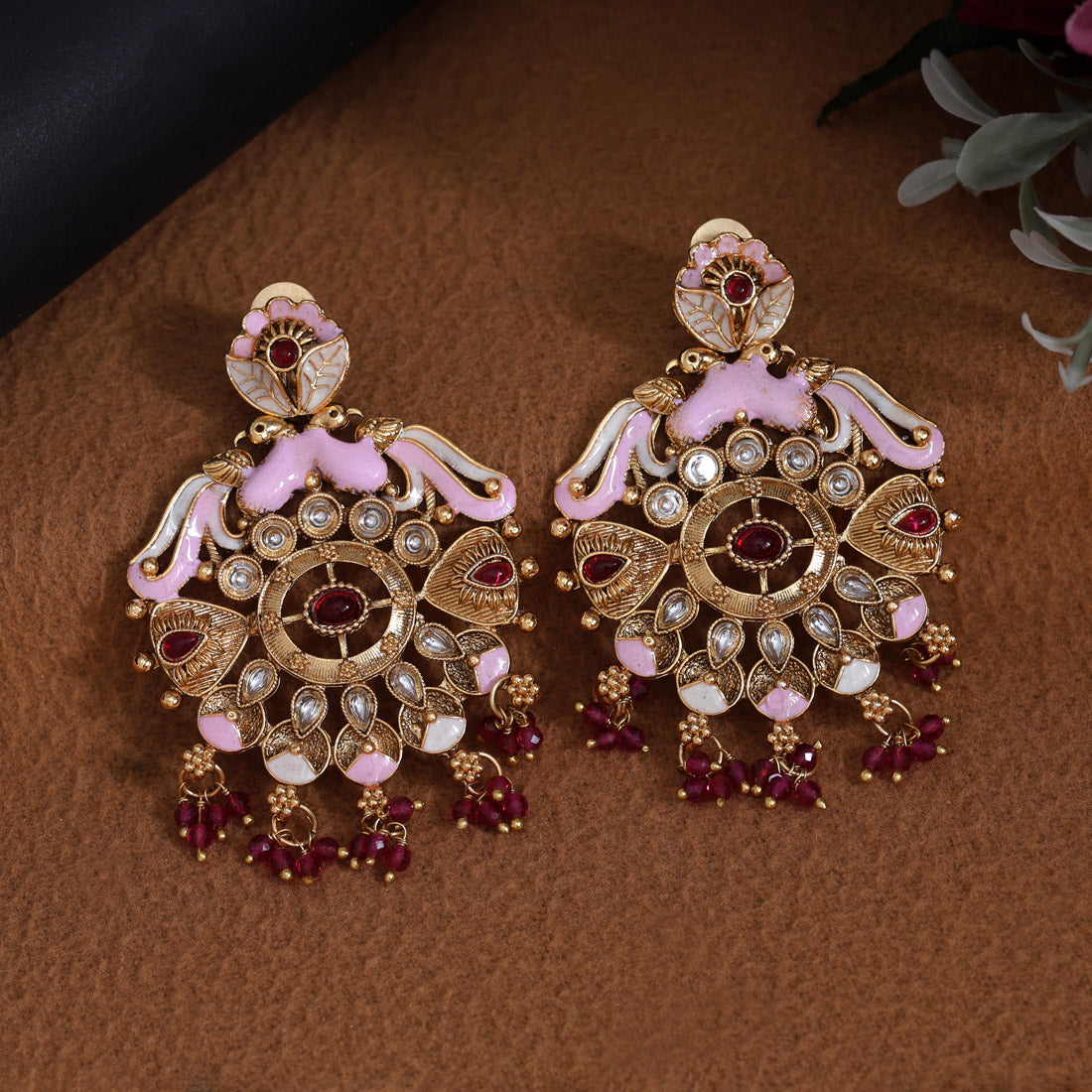 Rani Color Kundan Meenakari Earrings (MKE2008RNI) Jewellery GetGlit