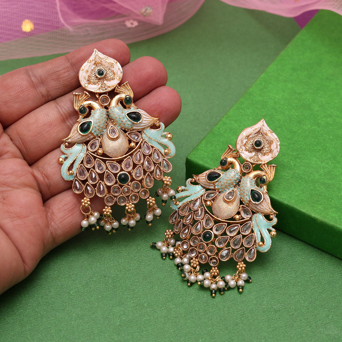Green Color Kundan Meenakari Earrings (MKE2009GRN) Jewellery GetGlit