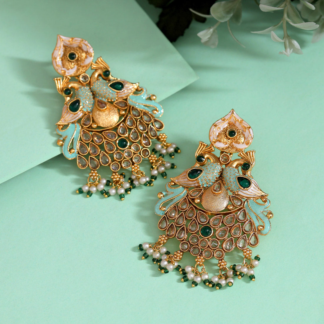 Green Color Kundan Meenakari Earrings (MKE2009GRN) Jewellery GetGlit