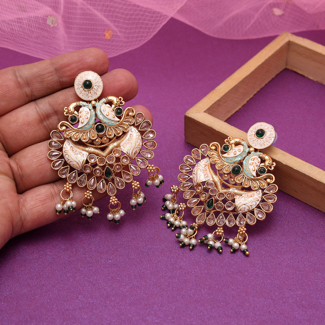 Green Color Kundan Meenakari Earrings (MKE2010GRN) Jewellery GetGlit