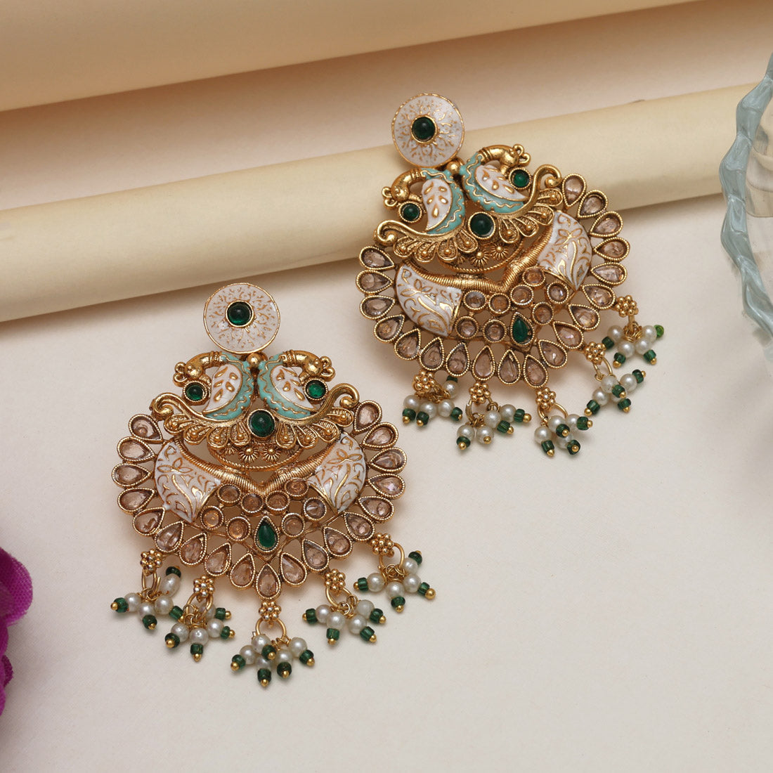 Green Color Kundan Meenakari Earrings (MKE2010GRN) Jewellery GetGlit