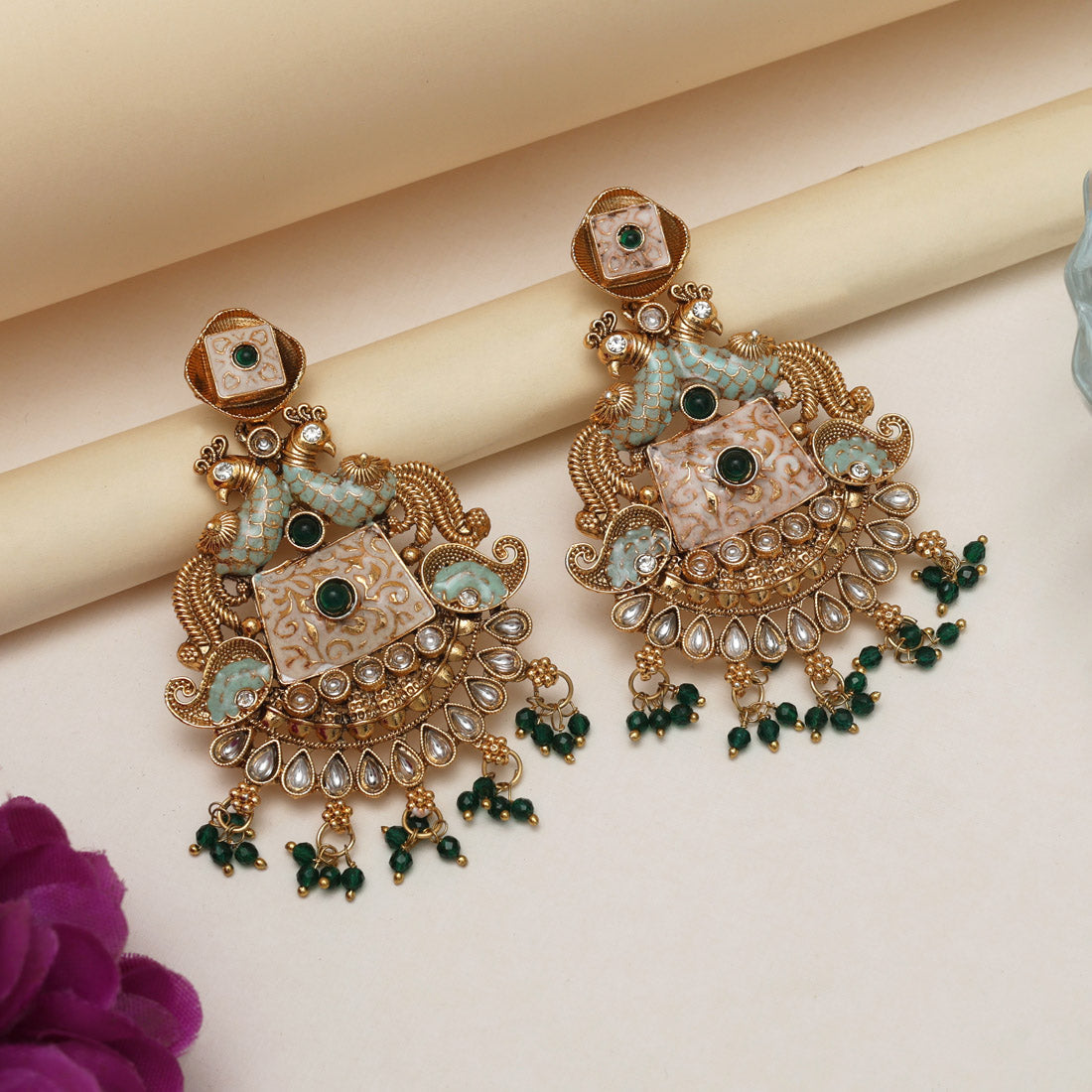 Green Color Kundan Meenakari Earrings (MKE2013GRN) Jewellery GetGlit