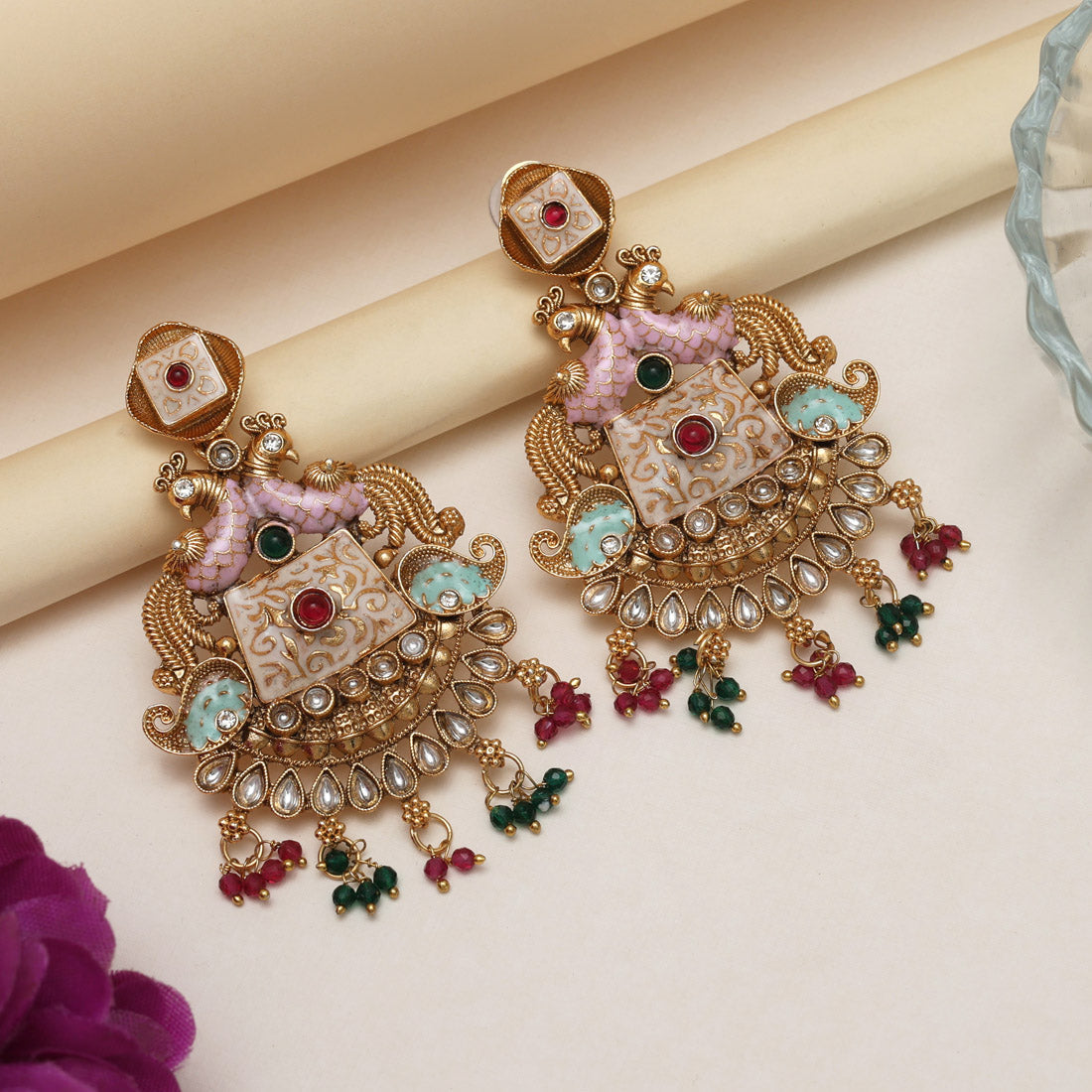 Rani & Green Color Kundan Meenakari Earrings (MKE2013RNIGRN) Jewellery GetGlit