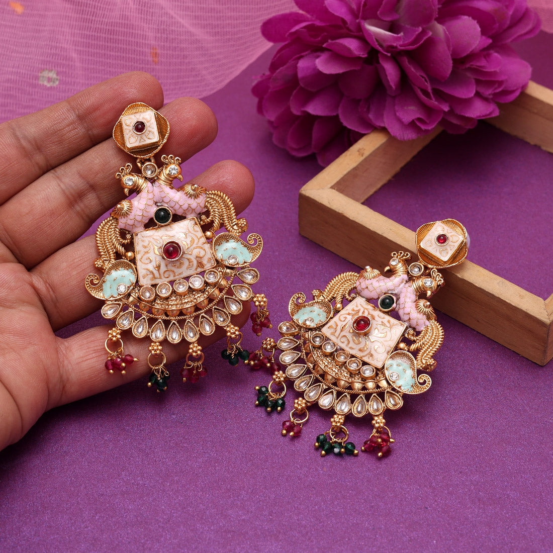 Rani & Green Color Kundan Meenakari Earrings (MKE2013RNIGRN) Jewellery GetGlit