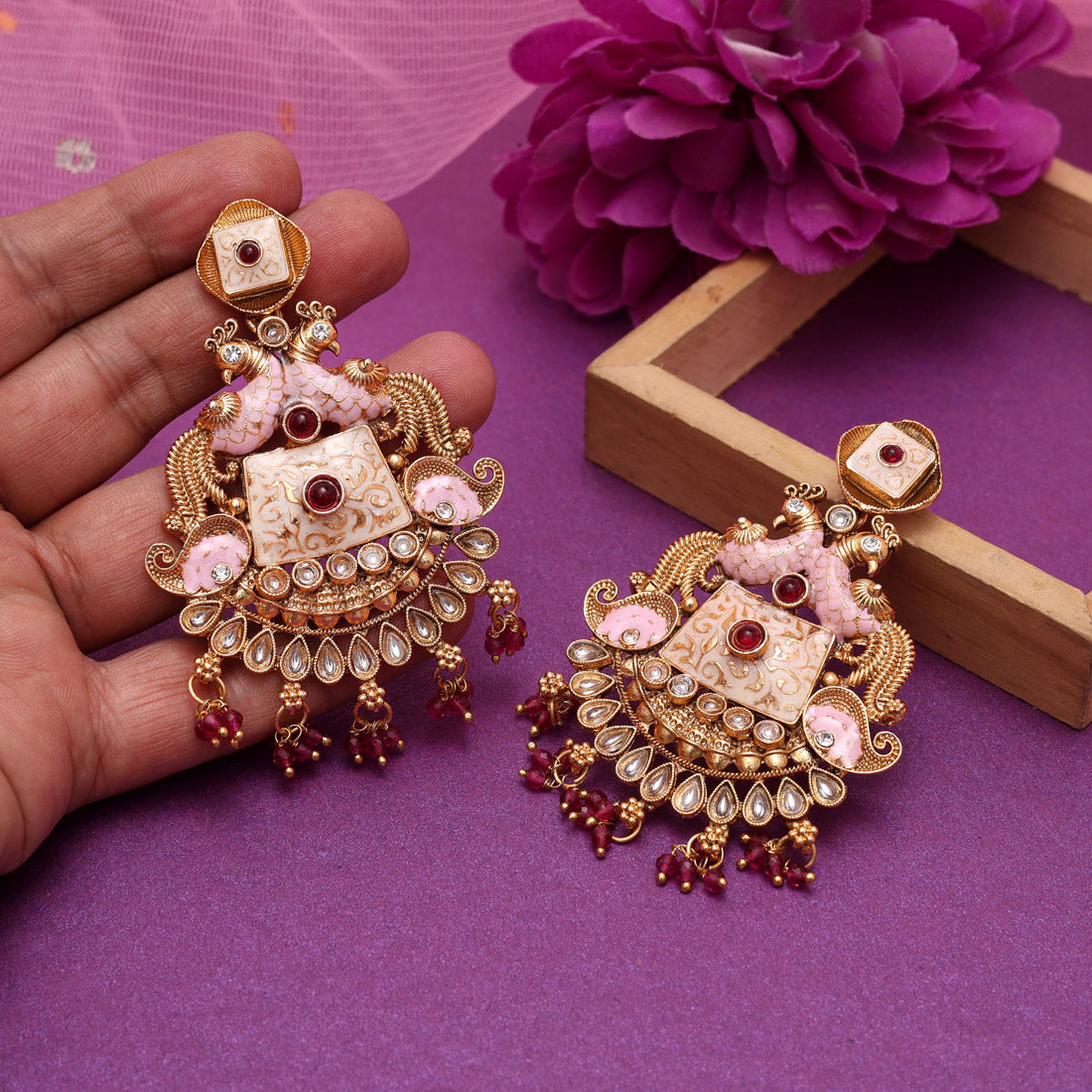 Rani Color Kundan Meenakari Earrings (MKE2013RNI) Jewellery GetGlit