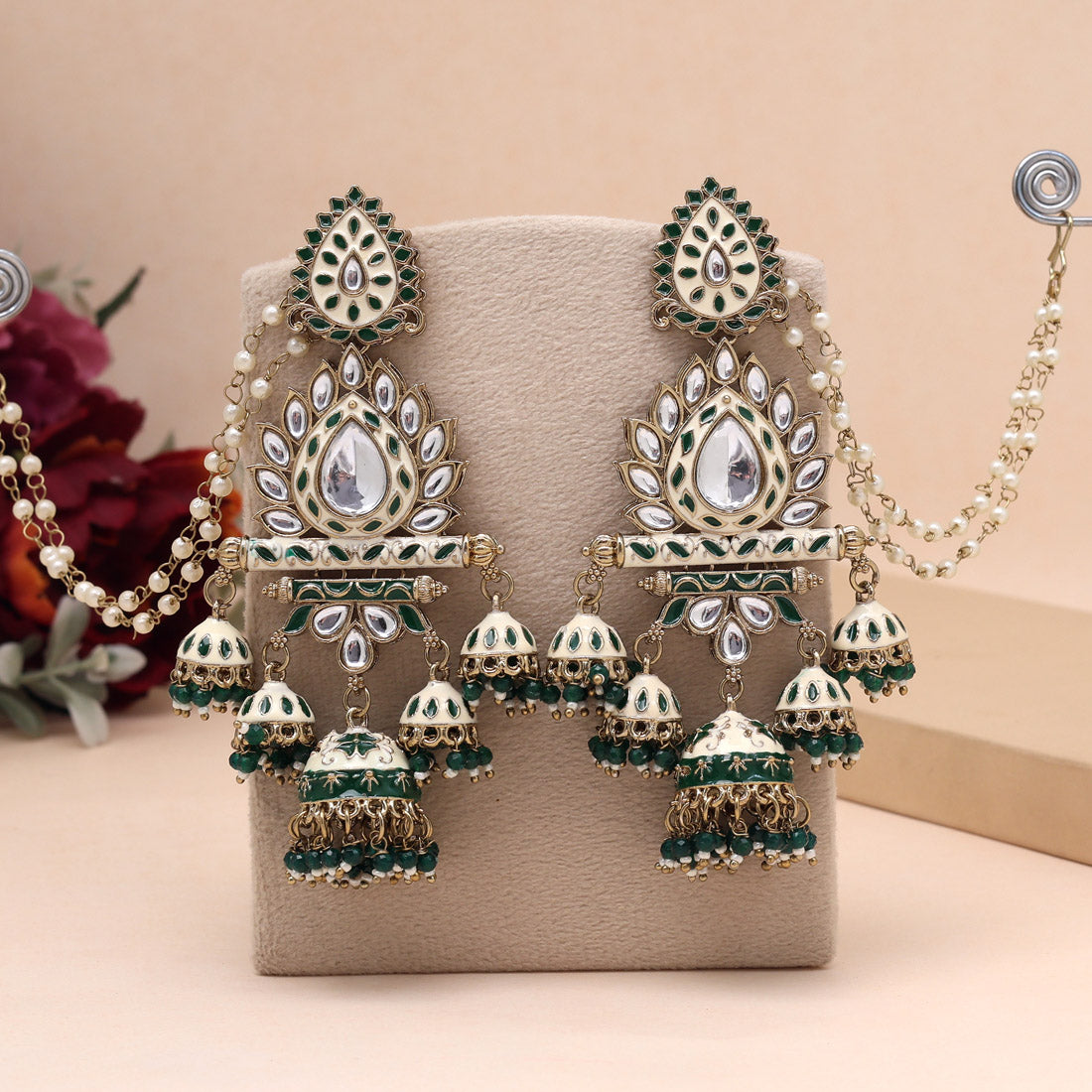 Ethnic White & Green Color Kundan Meenakari Earrings Jewellery GetGlit