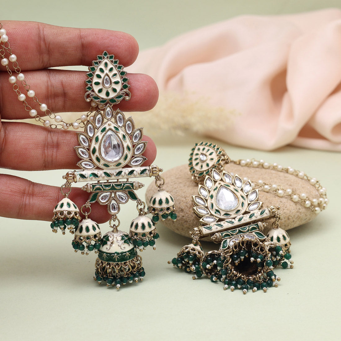 Ethnic White & Green Color Kundan Meenakari Earrings Jewellery GetGlit