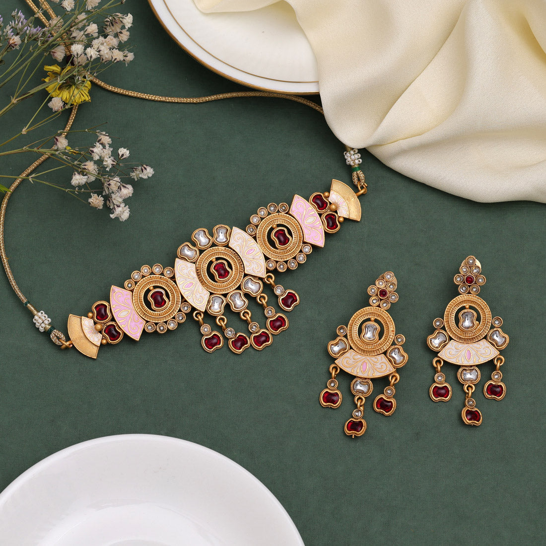 Rani Color Choker Meenakari Matte Gold Necklace Set (MKN559RNI)