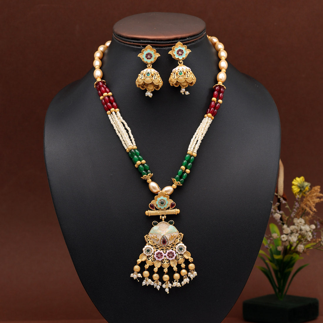 Multi Color Long Meenakari Matte Gold Necklace Set (MKN564MLT)