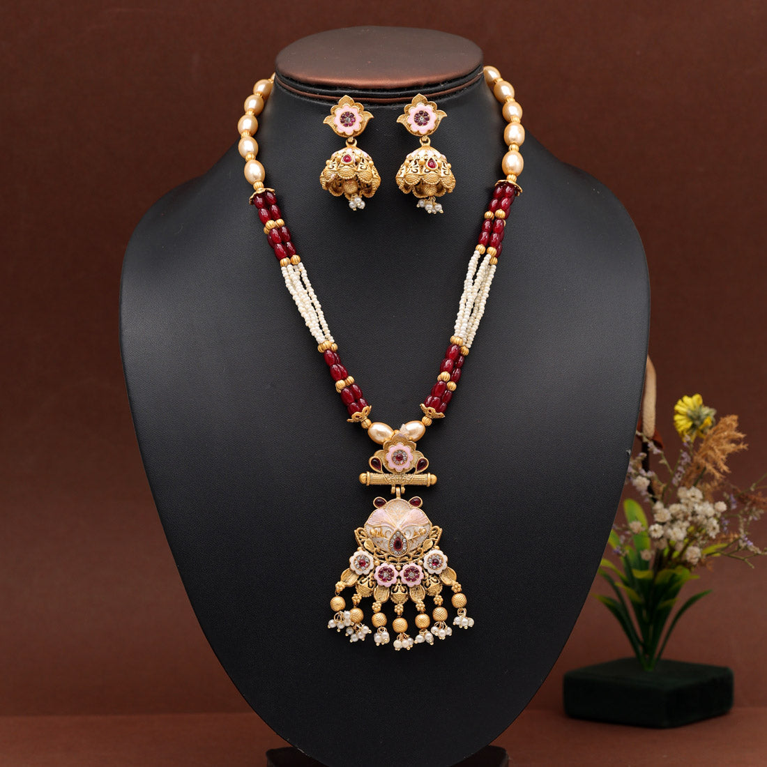 Maroon Color Long Meenakari Matte Gold Necklace Set (MKN564MRN) Jewellery GetGlit