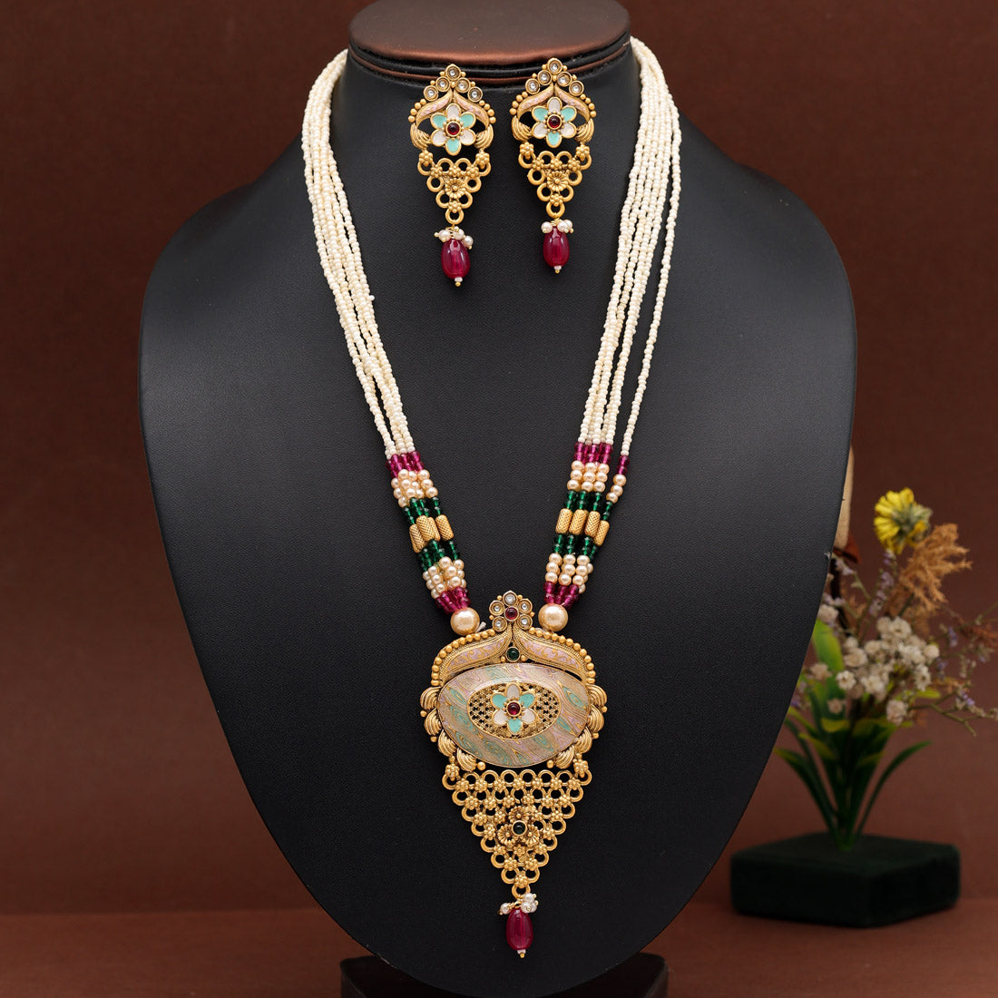 Rani & Green Color Long Meenakari Matte Gold Necklace Set (MKN565RNIGRN) Jewellery GetGlit