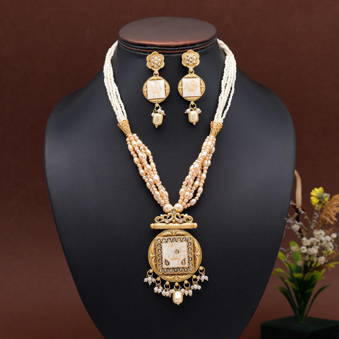 Gold Color Long Meenakari Matte Gold Necklace Set (MKN567GLD) Jewellery GetGlit