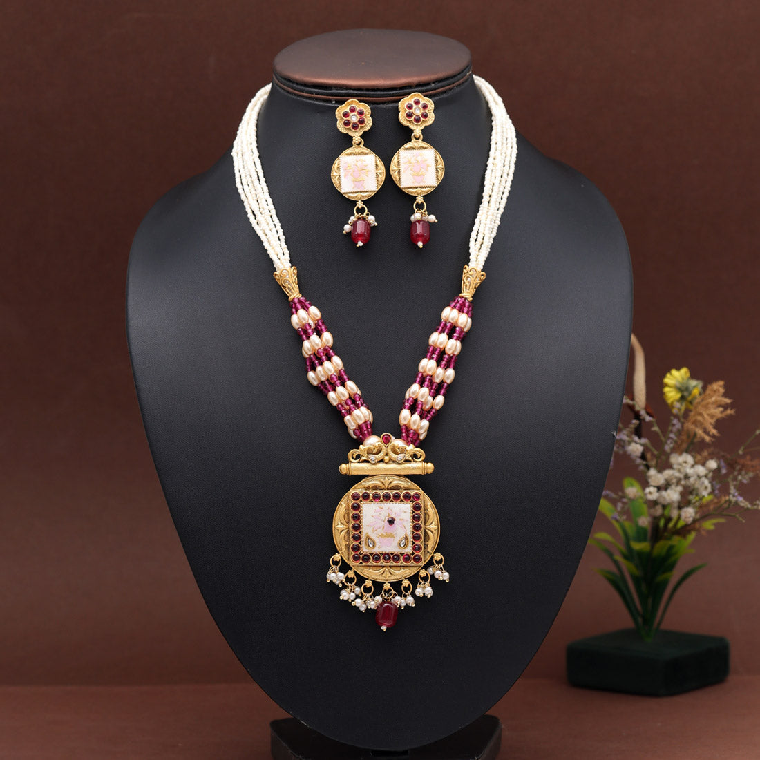 Rani Color Long Meenakari Matte Gold Necklace Set (MKN567RNI)