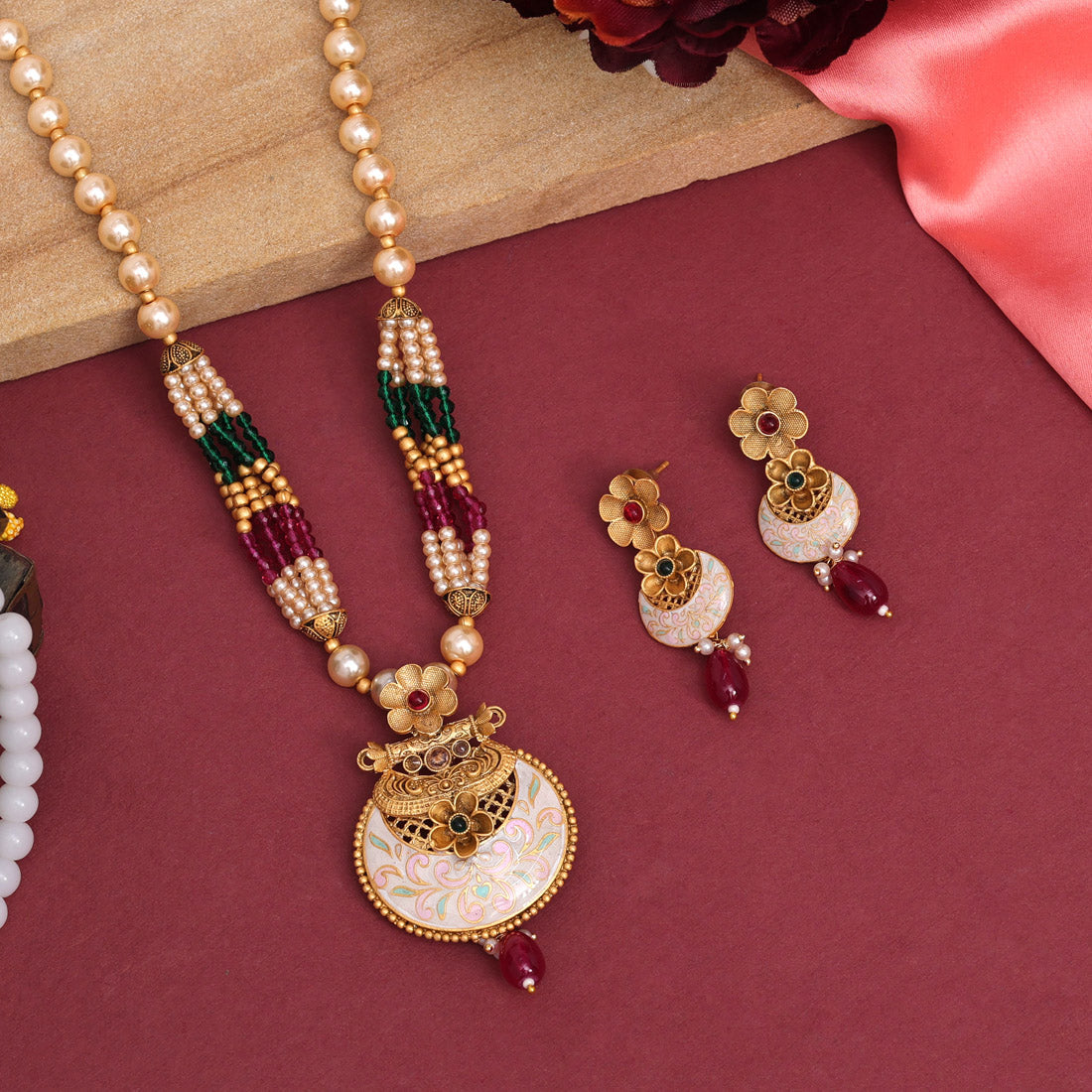 Rani & Green Color Long Meenakari Matte Gold Necklace Set