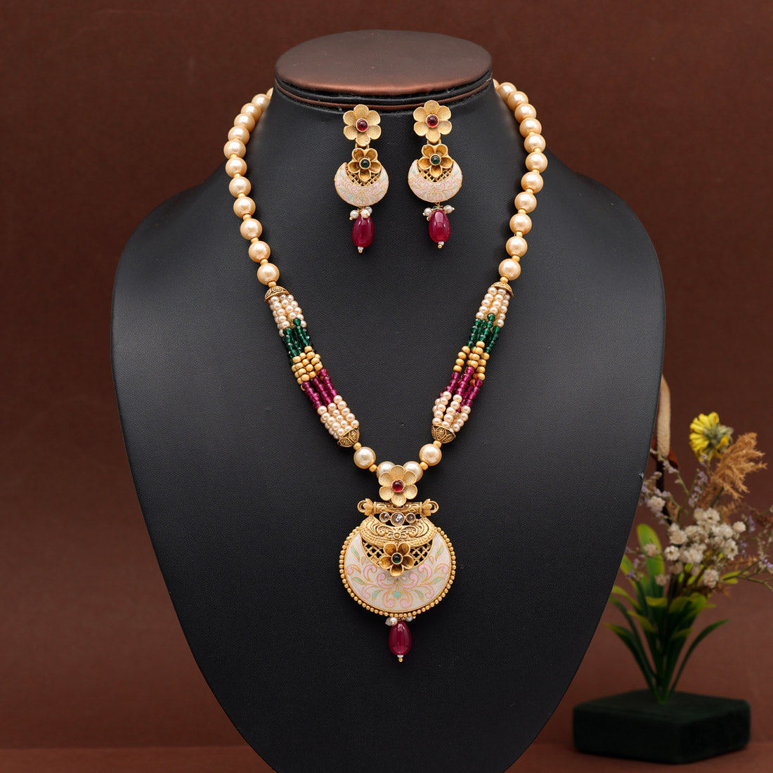 Rani & Green Color Long Meenakari Matte Gold Necklace Set