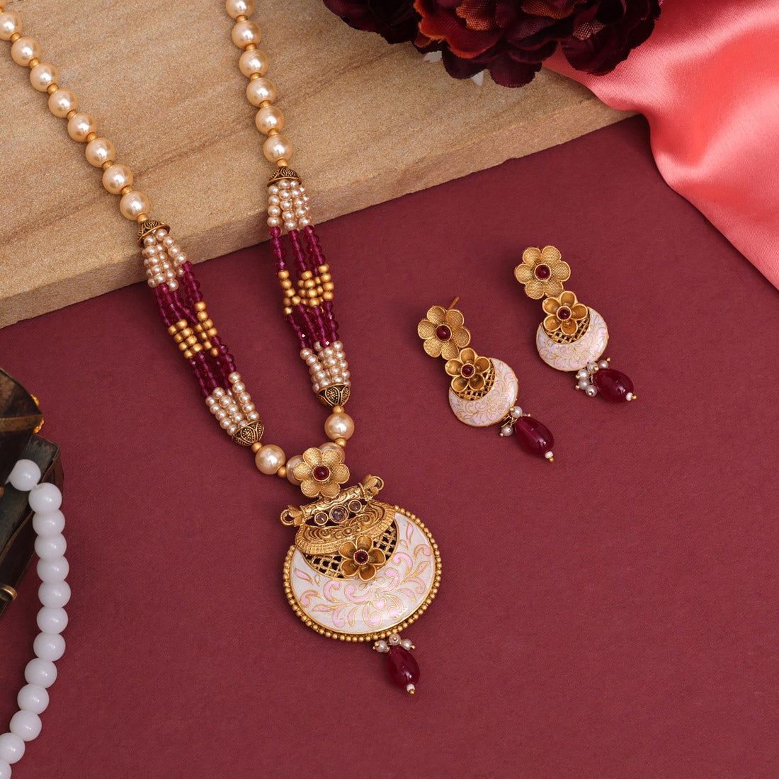 Rani Color Long Meenakari Matte Gold Necklace Set Jewellery GetGlit