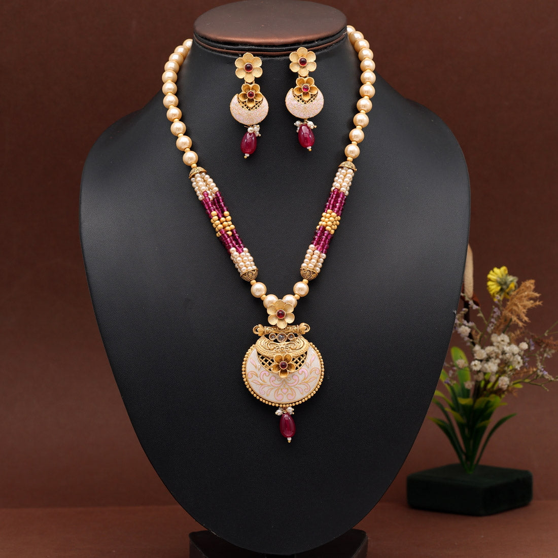 Rani Color Long Meenakari Matte Gold Necklace Set