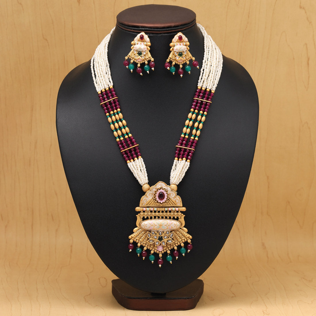 Maroon & Green Color Long Meenakari Necklace Set (MKN590MG) Necklaces GetGlit   