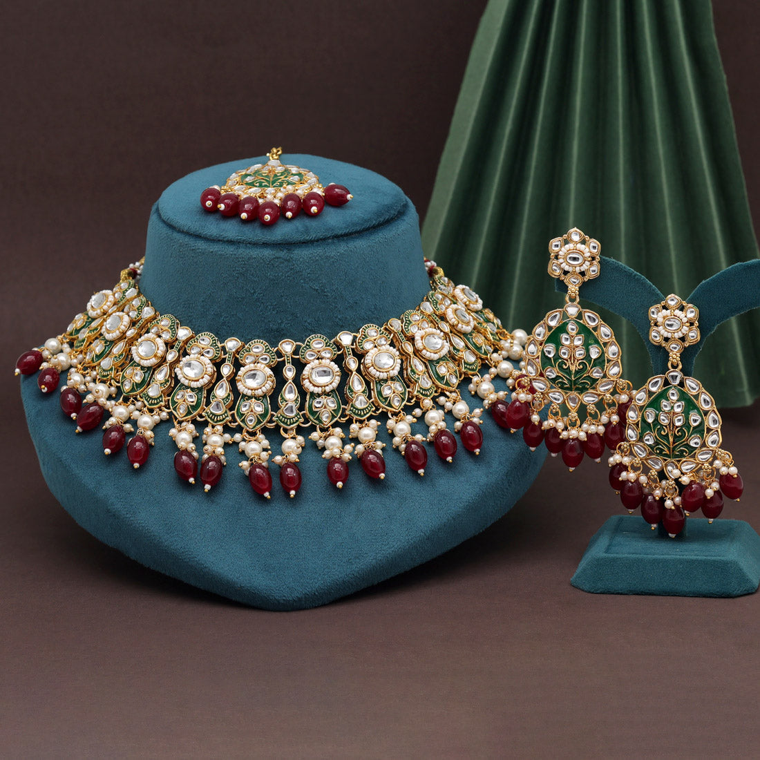 Maroon Color Kundan Meenakari Necklace Set (MKN593MRN) Necklaces GetGlit   