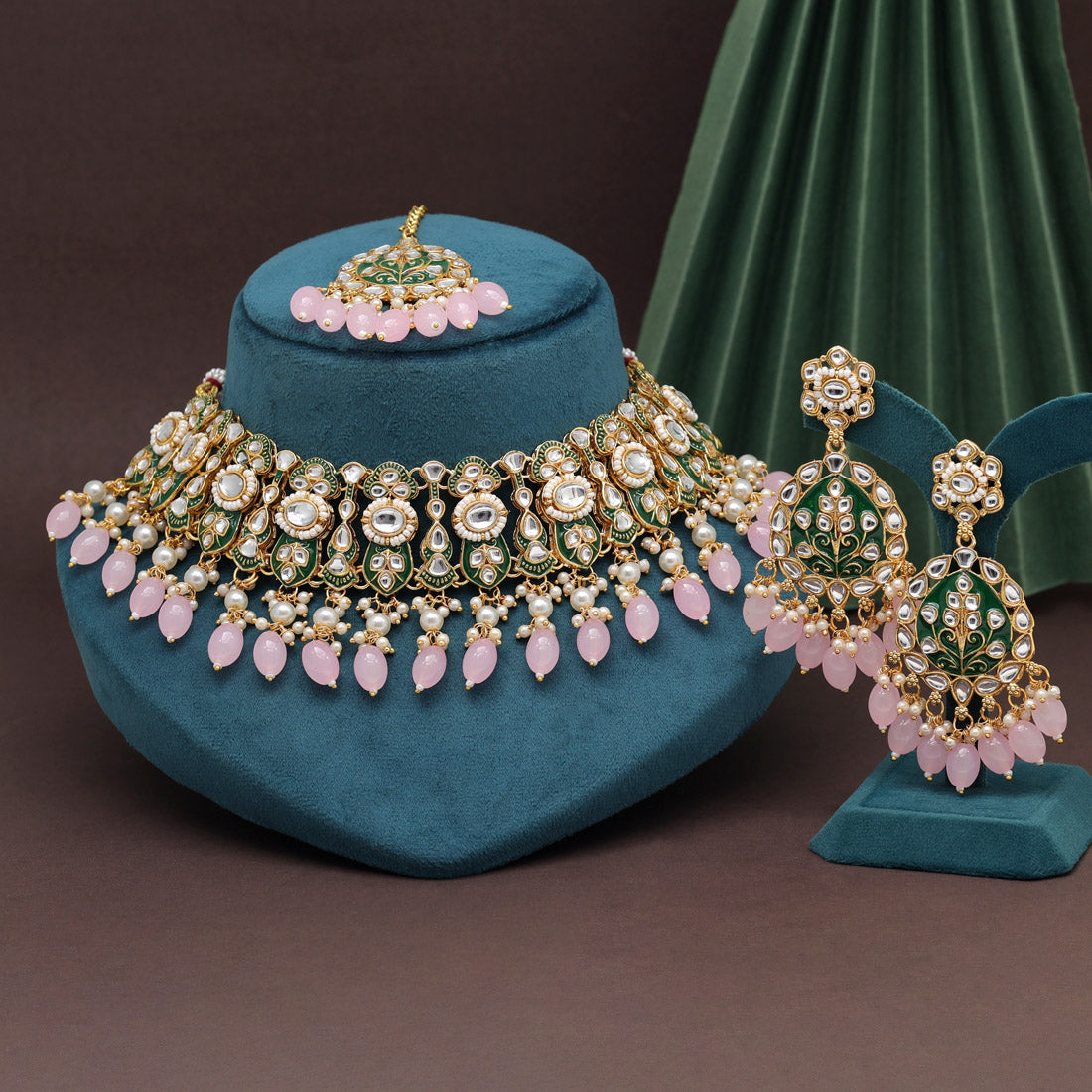 Pink Color Kundan Meenakari Necklace Set (MKN593PNK) Necklaces GetGlit   