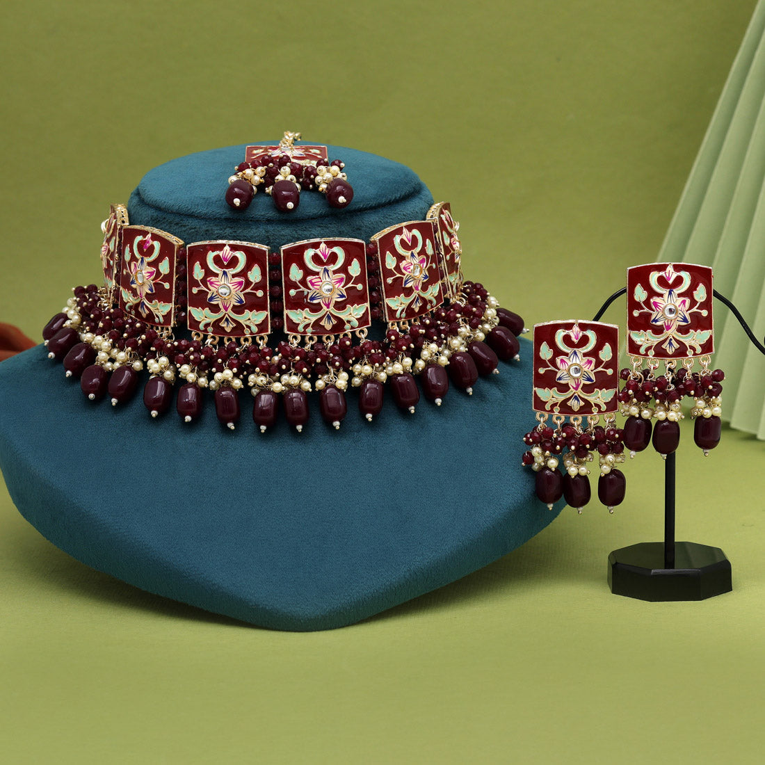 Maroon Color Choker Meenakari Necklace Set (MKN596MRN)